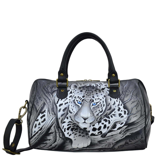 Anna by Anuschka style 8039, handpainted Zip Around Satchel. African Leopard painting in black color. Featuring inside zippered wall pocket, slip-in wall pocket, cell and multi purpose pocket, Removable strap, Fits Laptop, Fits E-Reader.