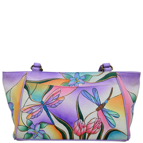 Anna by Anuschka style 8052, handpainted Organizer Tote. Dragonfly Glass Painting painting in multi color. Featuring built-in organizer, inside zippered wall pocket, two multipurpose pockets, Fits tablet, Fits E-Reader.