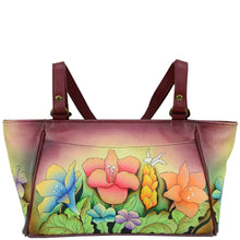 Load image into Gallery viewer, Anna by Anuschka style 8052, handpainted Organizer Tote. Mediterranean Garden painting in multi color. Featuring built-in organizer, inside zippered wall pocket, two multipurpose pockets, Fits tablet, Fits E-Reader.
