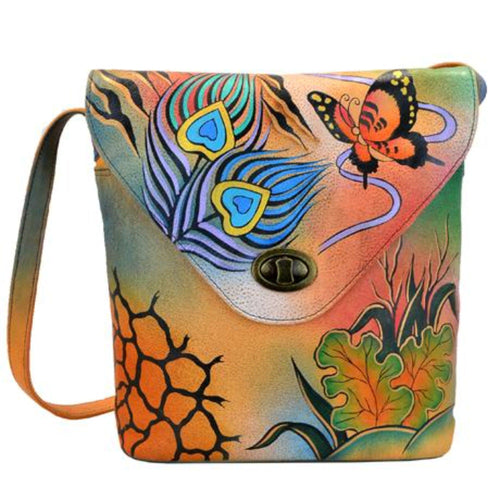 Anna by Anuschka style 8059, handpainted V Shaped Flap Bag. Peacock Collage painting in multi color. Featuring inside zippered wall pocket, cell and multi purpose pocket, Turn Lock, Fits tablet, Fits E-Reader.