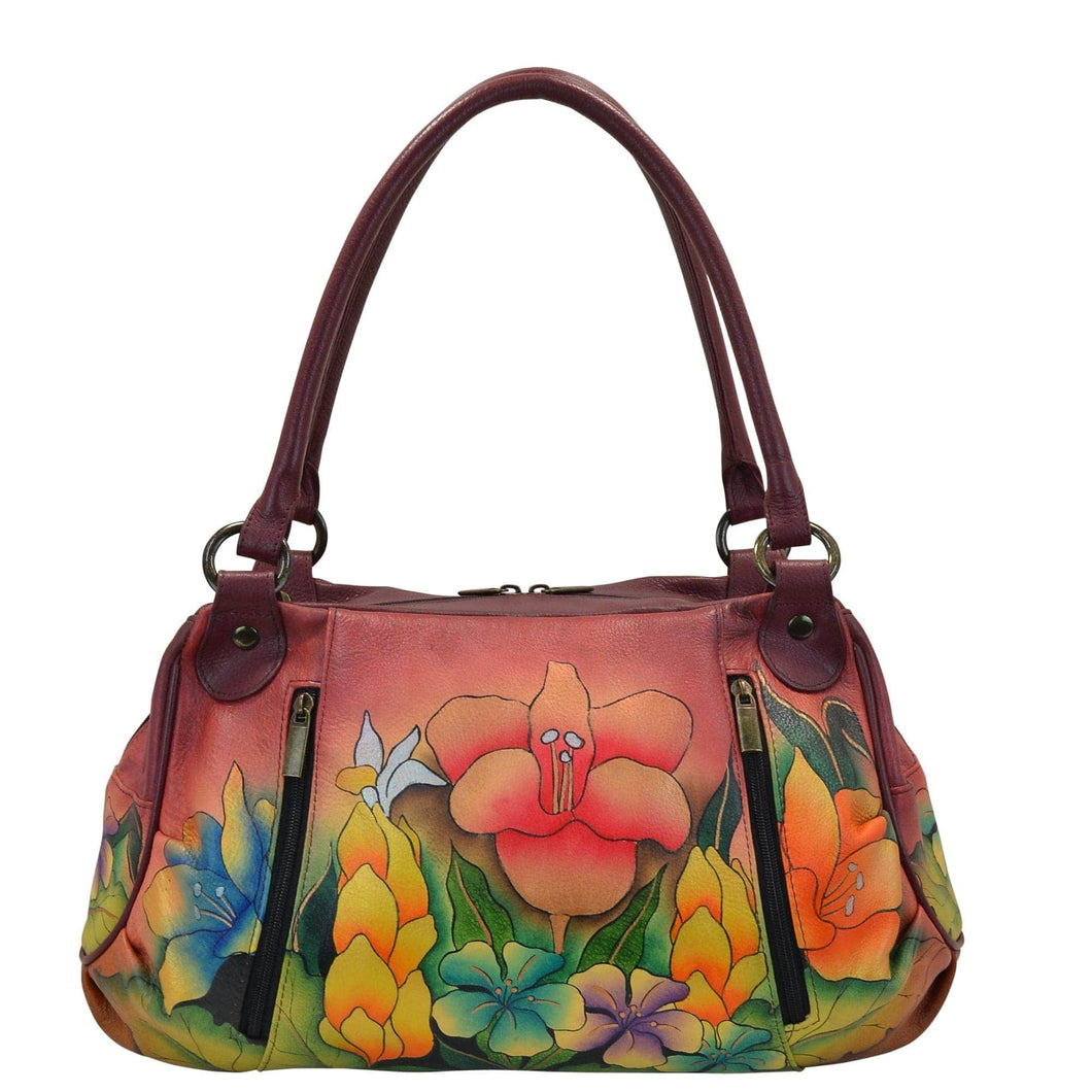 Anna by Anuschka style 8064, handpainted Ruched Satchel. Mediterranean Garden painting in multi color. Featuring inside zippered wall pocket, cell and multi purpose pocket, Fits tablet, Fits E-Reader