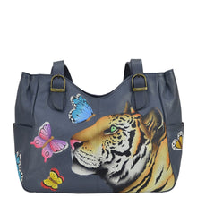 Load image into Gallery viewer, Anna by Anuschka style 8065, handpainted Shoulder Bag. Royal Tiger painting in grey color. Featuring inside zippered central partitioned compartment, zippered wall pocket, cell and multi purpose pocket, Fits tablet, Fits E-Reader.
