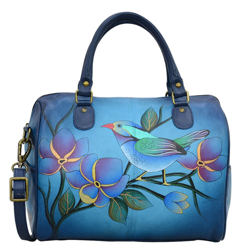 Anna by Anuschka style 8067, handpainted Large Zip Around Satchel. Lonesome Bird Denim painting in blue color. Featuring inside zippered wall pocket, cell and multi purpose pocket, Removable strap, Fits Laptop.