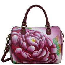 Load image into Gallery viewer, Anna by Anuschka style 8067, handpainted Large Zip Around Satchel. Precious Peony painting in pink/peach color. Featuring inside zippered wall pocket, cell and multi purpose pocket, Removable strap, Fits Laptop.
