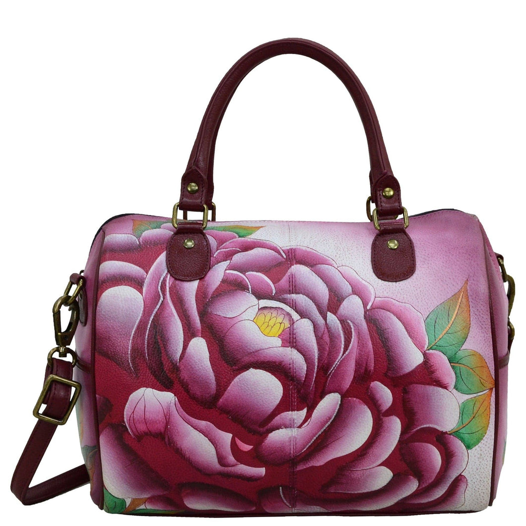 Anna by Anuschka style 8067, handpainted Large Zip Around Satchel. Precious Peony painting in pink/peach color. Featuring inside zippered wall pocket, cell and multi purpose pocket, Removable strap, Fits Laptop.