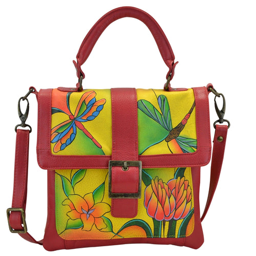 Anna by Anuschka style 8074, handpainted Flap Saddle Bag. Dragonfly Glass Painting Yellow painting in yellow color. Featuring two open compartment and one full length wall pocket under flap, Turn Lock, Fits tablet, Fits E-Reader, Removable strap.