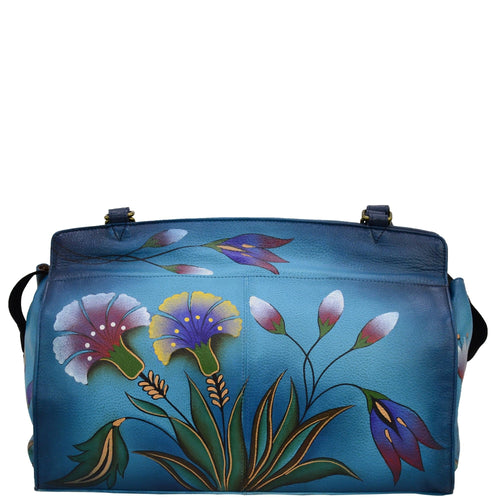 Anna by Anuschka style 8077, handpainted Large Satchel. Turkish Garden Denim painting in blue color. Featuring inside one full length pocket, one zippered wall pocket, one cell pocket and two multipurpose pockets, Fits Laptop.