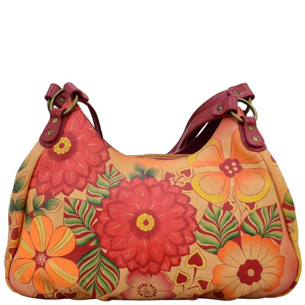 Anna by Anuschka style 8078, handpainted Large Ruched Hobo. Summer Bloom painting in orange color. Featuring top zip entry to central compartment, two compartments with magnetic closure, Fits Laptop, Fits tablet, Fits E-Reader.