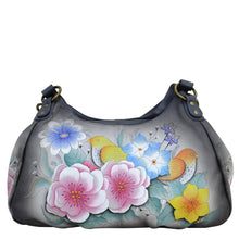 Load image into Gallery viewer, Anna by Anuschka style 8078, handpainted Large Ruched Hobo. Vintage Garden Grey painting in grey color. Featuring top zip entry to central compartment, two compartments with magnetic closure, Fits Laptop, Fits tablet, Fits E-Reader.
