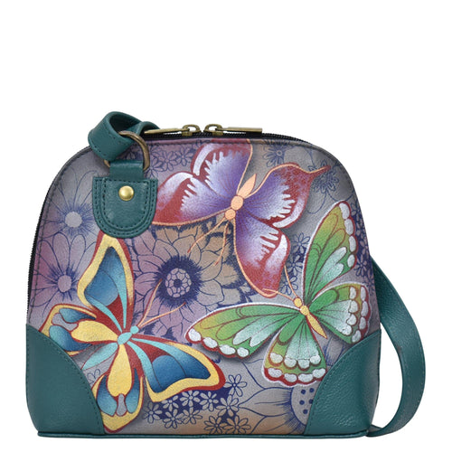Anna by Anuschka Leather Tri Fold Wallet Hand Painted Butterfly Peacock  Feather