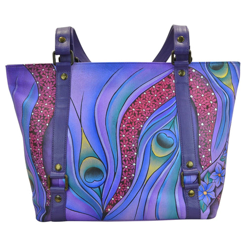 Anna by Anuschka style 8147, handpainted Classic Large Tote. Dreamy Peacock Dewberry painting in purple color. Featuring inside one full length zippered wall pocket, two multipurpose pockets, Fits tablet, Fits E-Reader.