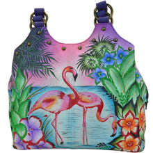 Load image into Gallery viewer, Anna by Anuschka style 8160, handpainted Triple Compartment Medium Satchel. Tropical Flamingos painting in purple color. Featuring two full length outer compartments with magnetic closure, Fits tablet, Fits E-Reader.
