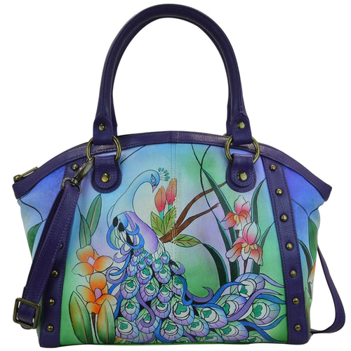 Anna by Anuschka style 8176, handpainted Large Studded Satchel. Midnight Peacock painting in blue color. Featuring inside full length zippered pocket, two multipurpose pockets, Fits Laptop.