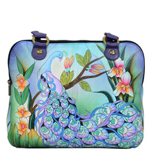 Load image into Gallery viewer, Anna by Anuschka style 8180, handpainted Triple Compartment Organizer. Midnight Peacock painting in blue color. Featuring three full length top zippered compartment, Built-in organizer, Fits E-Reader, Fits tablet.
