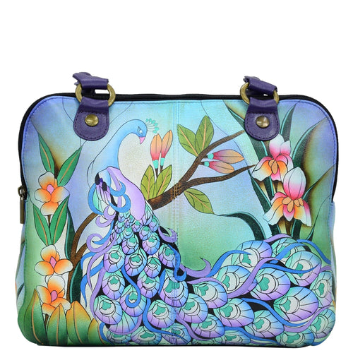 Anna by Anuschka style 8180, handpainted Triple Compartment Organizer. Midnight Peacock painting in blue color. Featuring three full length top zippered compartment, Built-in organizer, Fits E-Reader, Fits tablet.