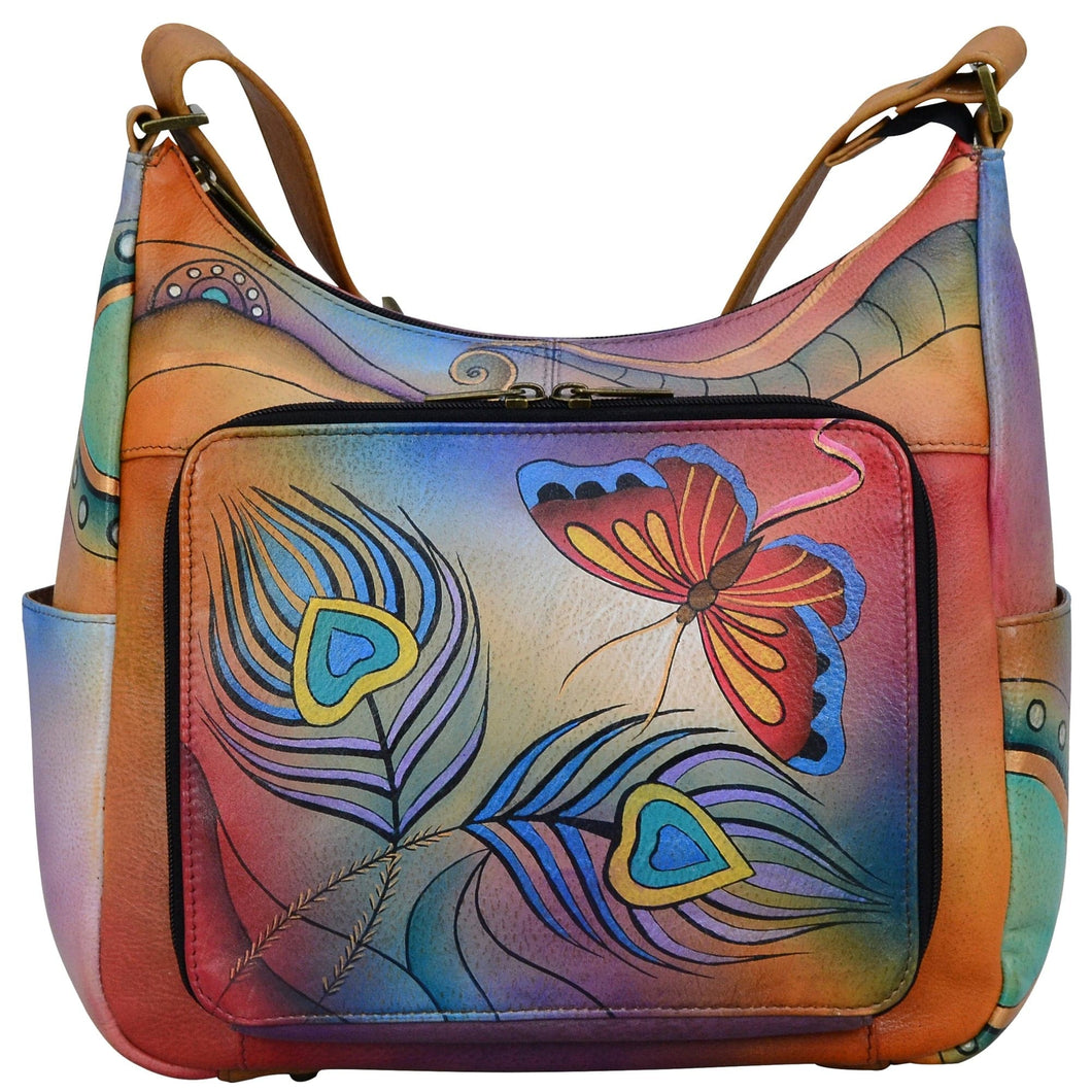 Anna by Anuschka style 8209, handpainted Organizer Hobo. Peacock Butterfly painting in multi color. Featuring front all round zippered organizer pocket with five credit card holders, one ID window, two penholders, open pocket, Fits tablet, Fits E-Reader, Built-in organizer.