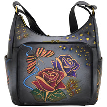 Load image into Gallery viewer, Anna by Anuschka style 8209, handpainted Organizer Hobo. Rose Safari Grey painting in grey color. Featuring front all round zippered organizer pocket with five credit card holders, one ID window, two penholders, open pocket, Fits tablet, Fits E-Reader, Built-in organizer.
