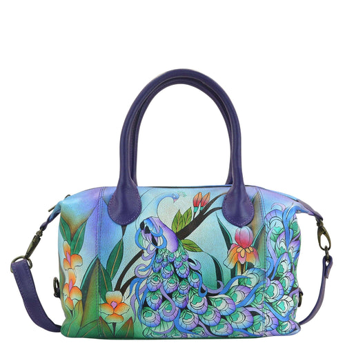 Anna by Anuschka style 8210, handpainted Medium Satchel. Midnight Peacock painting in blue color. Featuring inside open wall pocket, full length zippered wall pocket, two multipurpose pockets, Fits tablet, Fits E-Reader.