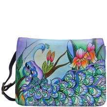 Load image into Gallery viewer, Anna by Anuschka style 8218, handpainted Small Flap Crossbody Organizer. Midnight Peacock painting in blue color. Featuring one zippered and two open compartments, Built-in organizer, Fits E-Reader.
