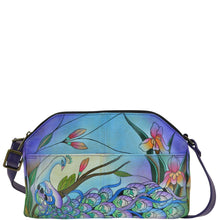 Load image into Gallery viewer, Anna by Anuschka style 8228, handpainted Multi Compartment Crossbody. Midnight Peacock painting in blue color. Featuring two zippered and one Magnetic snap buttoned compartment, Fits E-Reader, Fits tablet.
