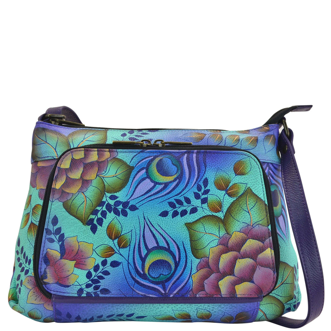 Anna by Anuschka style 8238, handpainted Crossbody Organizer. Peacock Garden painting in green/mint color. Featuring all round zippered entry, Inside one open pocket, one ID window, 4 credit card holders, one mobile case, Built-in organizer, Fits E-Reader, Fits tablet.