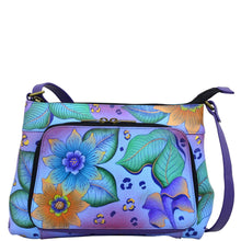 Load image into Gallery viewer, Anna by Anuschka style 8238, handpainted Crossbody Organizer. Tropical Safari painting in blue color. Featuring all round zippered entry, Inside one open pocket, one ID window, 4 credit card holders, one mobile case, Built-in organizer, Fits E-Reader, Fits tablet.
