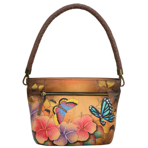 Anna by Anuschka style 8245, handpainted Shoulder Hobo. Animal Hibiscus painting in brown color. Featuring inside one zippered wall pocket, two multipurpose pockets, Fits E-Reader, Fits tablet.
