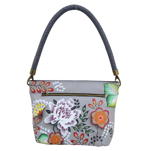 Anna by Anuschka style 8245, handpainted Shoulder Hobo. Garden Of Eden painting in grey color. Featuring inside one zippered wall pocket, two multipurpose pockets, Fits E-Reader, Fits tablet.