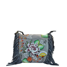 Load image into Gallery viewer, Anna by Anuschka style 8246, handpainted Fringed Crossbody. Garden Of Eden painting in grey color. Featuring inside one full length zippered wall pocket, Fits E-Reader, Fits tablet, Fits Laptop.
