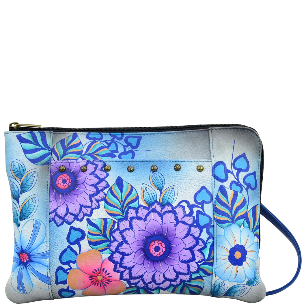Anna by Anuschka style 8247, handpainted Medium Cross Body Organizer. Summer Bloom Blue painting in blue color. Featuring inside one zippered wall pocket, Three card holders, two multipurpose pockets, Fits E-Reader, Fits tablet, Built-in organizer.