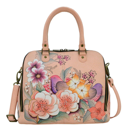 Anna by Anuschka style 8254, handpainted Organizer Satchel. Vintage Garden painting in pink/peach color. Featuring two multipurpose pockets, two credit card holders, two Pen holders and an ID window, built-in organizer, Fits E-Reader, Fits tablet.