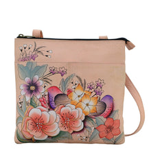 Load image into Gallery viewer, Anna by Anuschka style 8272, handpainted Multi Compartment Crossbody. Vintage Garden painting in pink/peach color. Featuring one id window and pen holders, one full length zippered pocket,two multipurpose pocket.
