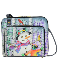 Load image into Gallery viewer, Anna by Anuschka style 8278, handpainted Zip Around Organizer. Boy and The Snowman painting in grey color. Featuring front Organizer compartment with Twelve credit card pocked, two ID window and one zippered pocket.
