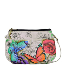 Load image into Gallery viewer, Anna by Anuschka style 8280, handpainted Small Multi Compartment Crossbody. Floral Paradise painting in white color. Featuring inside zippered wall pocket with cell and multipurpose pocket, Fits tablet, Removable strap.
