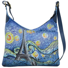 Load image into Gallery viewer, Anna by Anuschka style 8281, handpainted V Top Multi Compartment Crossbody. Love In Paris painting in blue color. Featuring inside zippered wall pocket, two multipurpose pockets, Fits E-Reader, Fits tablet.
