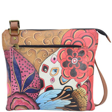 Load image into Gallery viewer, Anna by Anuschka style 8285, handpainted Multi Pocket Crossbody. Tribal Potpourri painting in brown color. Inside zippered wall pocket, open wall pocket, two multipurpose pockets, Fits E-Reader, Fits tablet.
