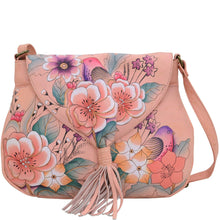 Load image into Gallery viewer, Anna by Anuschka style 8286, handpainted Flap Hobo. Vintage Garden painting in pink/peach color. Featuring one full length pocket with magnetic button under flap, Fits E-Reader, Fits tablet.

