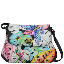 Load image into Gallery viewer, Anna by Anuschka style 8287, handpainted Medium Flap Crossbody. Lovely Leaves painting in multi color. Featuring inside One zippered wall pocket, two multipurpose pockets, Turn Lock, Hands-free.

