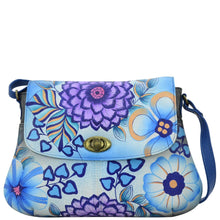 Load image into Gallery viewer, Anna by Anuschka style 8287, handpainted Medium Flap Crossbody. Summer Bloom Blue painting in blue color. Featuring inside One zippered wall pocket, two multipurpose pockets, Turn Lock, Hands-free.
