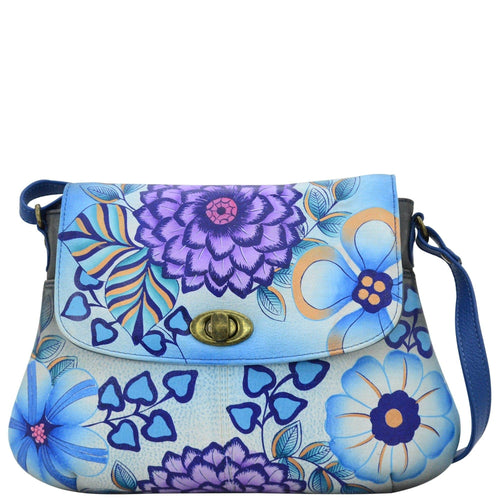 Anna by Anuschka style 8287, handpainted Medium Flap Crossbody. Summer Bloom Blue painting in blue color. Featuring inside One zippered wall pocket, two multipurpose pockets, Turn Lock, Hands-free.