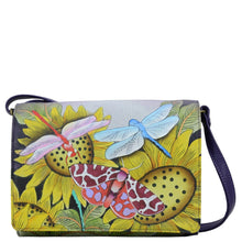 Load image into Gallery viewer, Anna by Anuschka style 8292, handpainted Multi Compartment Flap Crossbody. Tuscan Paradise painting in multi color. Featuring flap with snap button entry to three open and one zippered compartment, Fits E-Reader, Hands-free.
