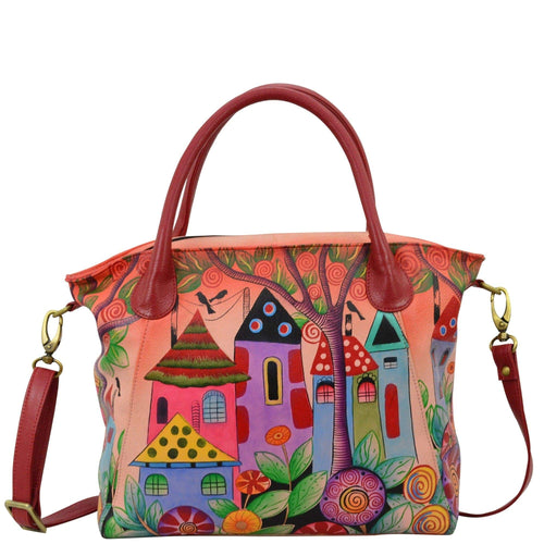 Anna by Anuschka Style 8293, handpainted Slouch Tote. Village Of Dreams painting