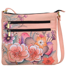 Load image into Gallery viewer, Anna by Anuschka style 8296, handpainted Medium Organizer Crossbody. Vintage Garden painting in pink/peach color. Featuring inside zippered wall pocket, one open wall pocket and two multipurpose pockets, Fits E-Reader, Fits tablet, Built-in organizer, Hands-free.
