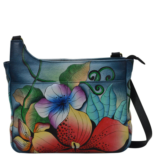 Anna by Anuschka style 8297, handpainted Medium Crossbody. Midnight Floral painting in black color. Featuring two full length slip in pocket in front, Fits E-Reader, Fits tablet, Hands-free.
