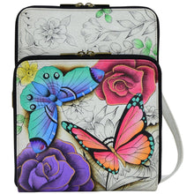 Load image into Gallery viewer, Anna by Anuschka style 8299, handpainted All Round Zippered Organizer. Floral Paradise painting in white color. Featuring front compartment with gusset has eleven credit card holders and two ID window, Built-in organizer, Fits tablet, Fits E-Reader.
