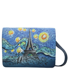 Load image into Gallery viewer, Anna by Anuschka style 8301, handpainted Medium Saddle Crossbody. Love In Paris painting in blue color. Featuring magnetic flap entry to three open compartments and two zippered compartments.
