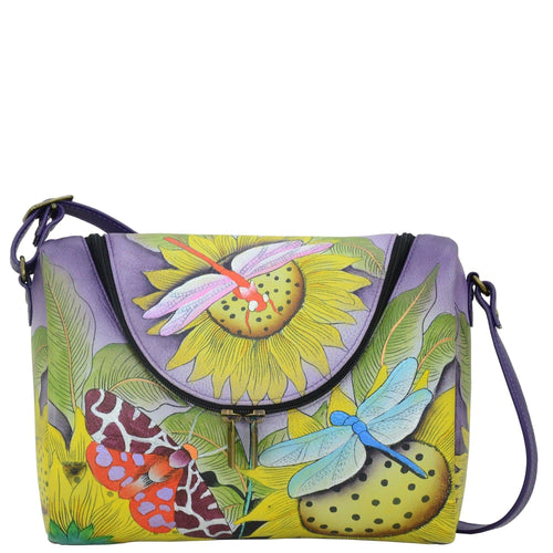 Anna by Anuschka style 8304, handpainted Medium Crossbody. Tuscan Paradise painting in multi color. Featuring double zipper entry to main compartment.