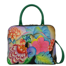 Load image into Gallery viewer, Anna by Anuschka style 8308, handpainted Slim Crossbody Satchel. Whimsical Garden painting in green/mint color. Featuring all round zip entry to main compartment, Fits E-Reader, Fits tablet.
