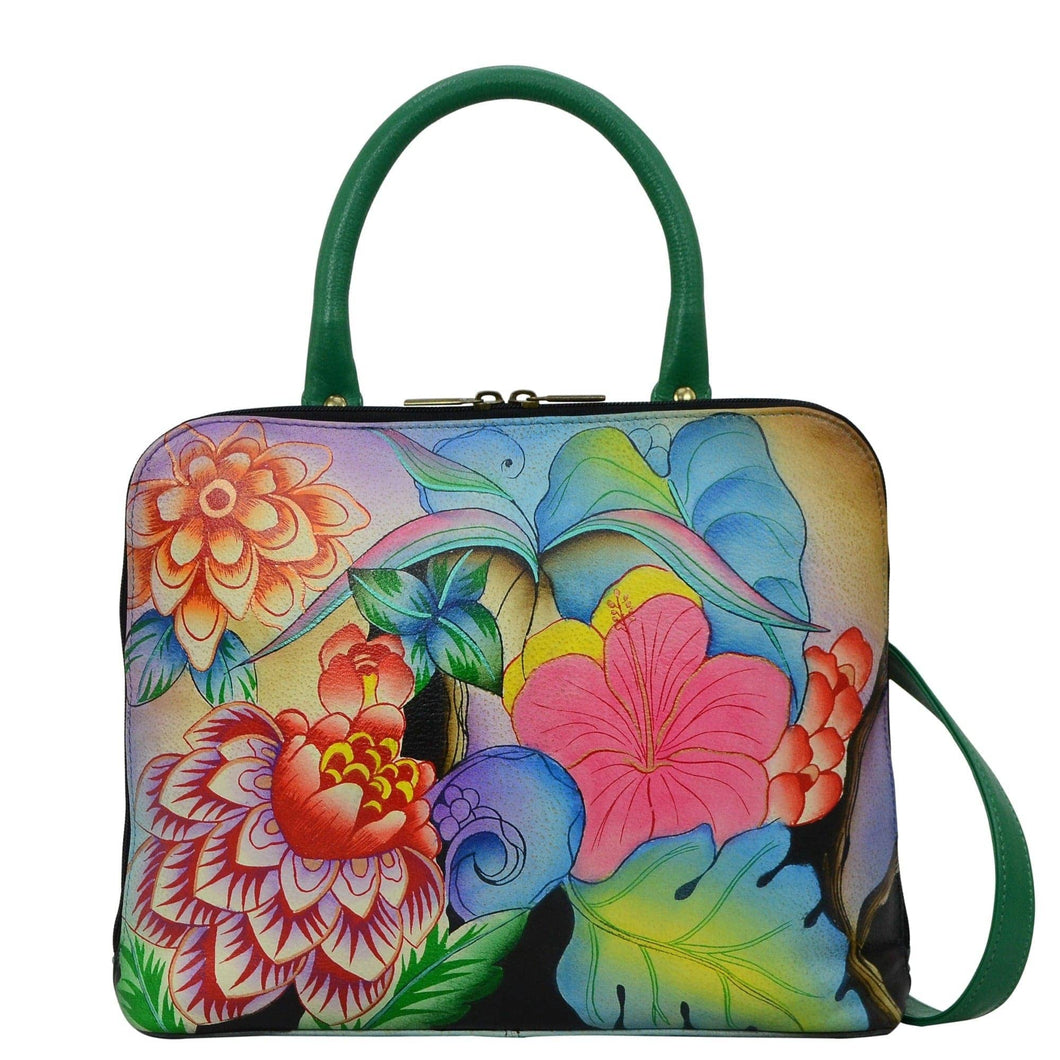 Anna by Anuschka style 8308, handpainted Slim Crossbody Satchel. Whimsical Garden painting in green/mint color. Featuring all round zip entry to main compartment, Fits E-Reader, Fits tablet.