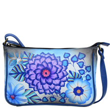 Load image into Gallery viewer, Anna by Anuschka style 8314, handpainted Mini Wide Crossbody. Summer Bloom Blue painting in blue color. Featuring inside zippered wall pocket, two multipurpose pockets
